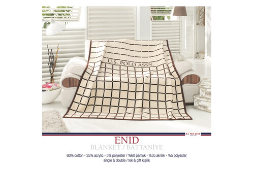 Плед хлопковый U.S.Polo Assn - Enid кремово-коричневый 200x220